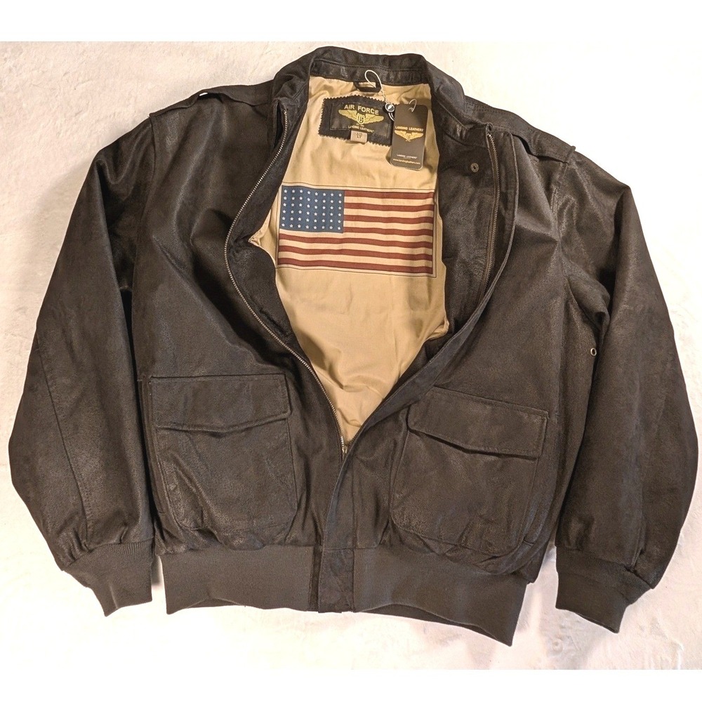 Air Force Landing Leathers Men Bomber Jacket Brown/Black Full Zip USA Flag Lined
